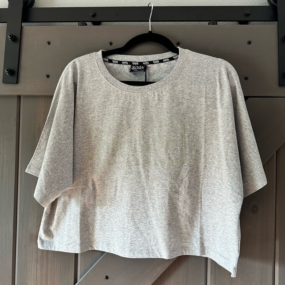 Von Dutch Cropped Gray Women's Top with Bejeweled Logo - NWT